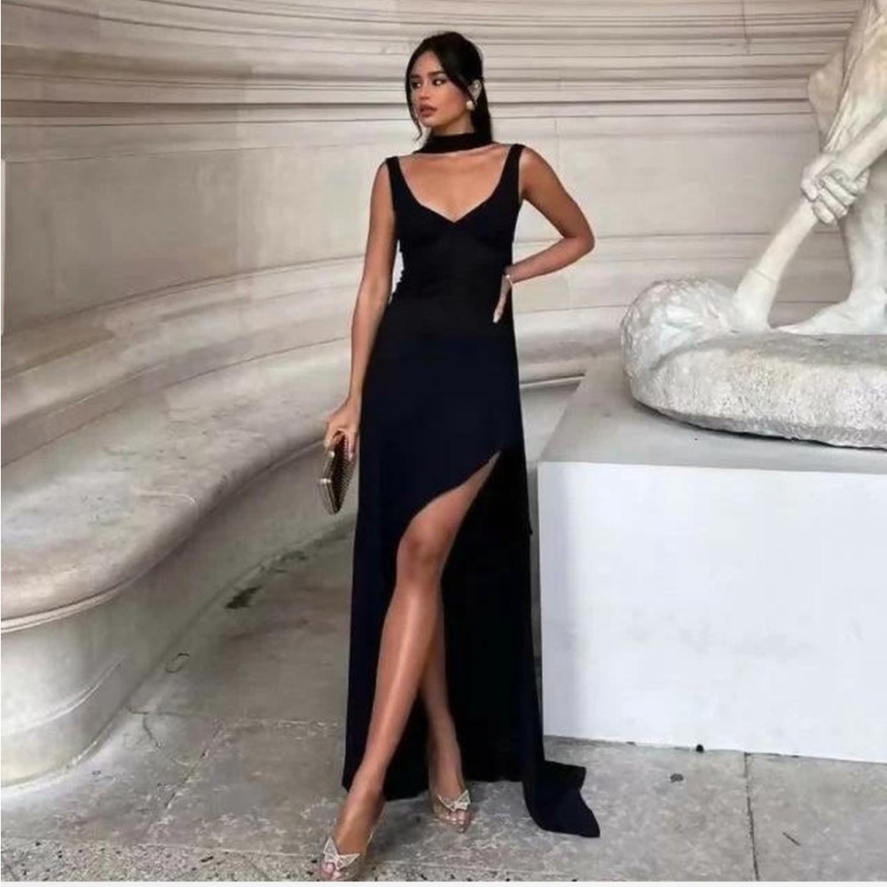 Arcina Ori- Amelie Dress In Black Black maxi dress with scarf neck